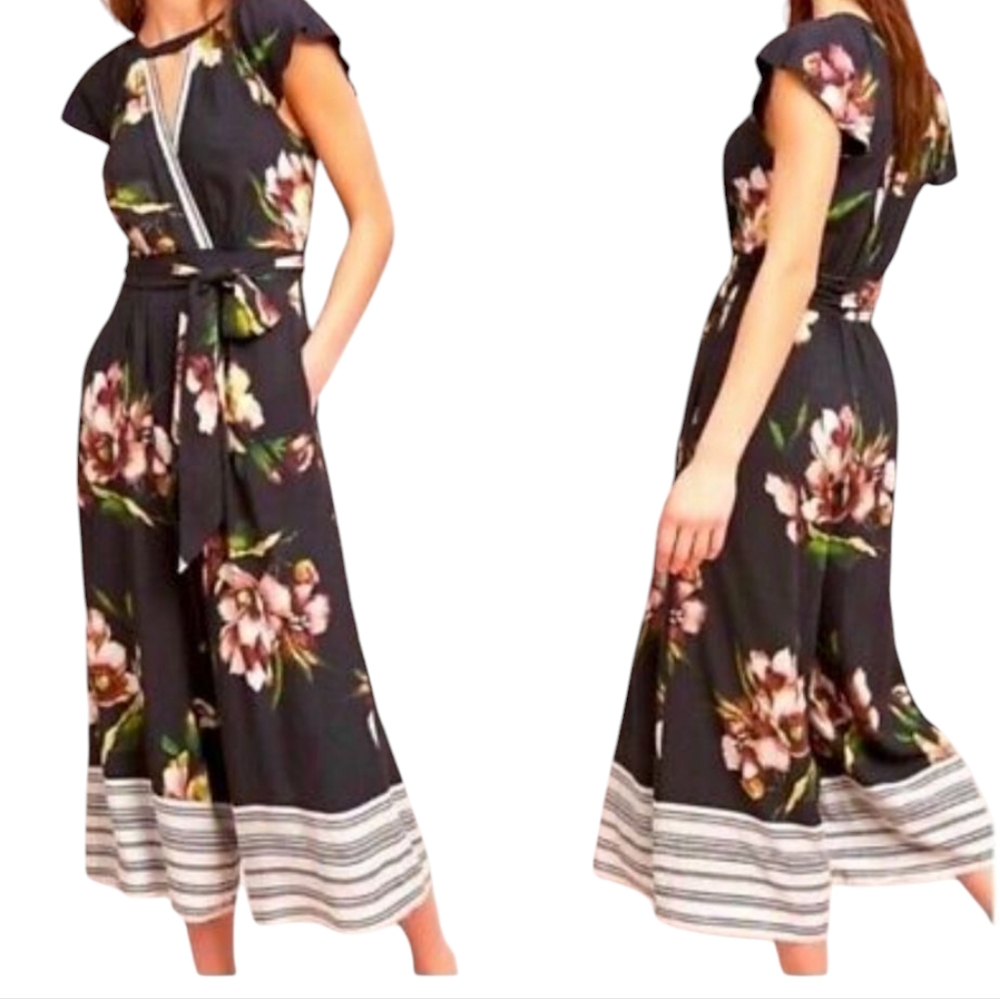 Maeve By Anthro Black Floral Cut-Out Jumpsuit Wide Leg Flowing Silhouette 4